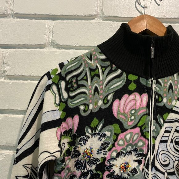Custo Barcelona Jacket Sweater Multicolor Sz S Full Zip Art Beaded Floral Unique - Picture 12 of 16